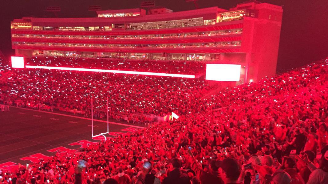 The Husker football stadium glows with red after the third quarter. They're trying a new light system that sets the whole field and seats into a red frenzy.