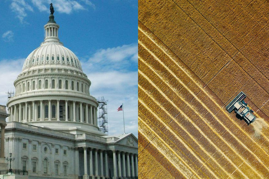 A picture of the U.S. Capitol is on the left of the photo collage, an aerial picture of a combine driving through a golden field is on the right.