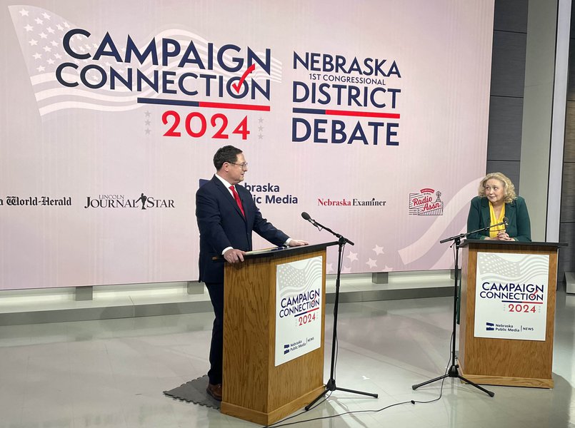 Republican Mike Flood, left, and Democrat Carol Blood, right, debate Sunday (Photo by Sydny Boyd, Nebraska Public Media News)