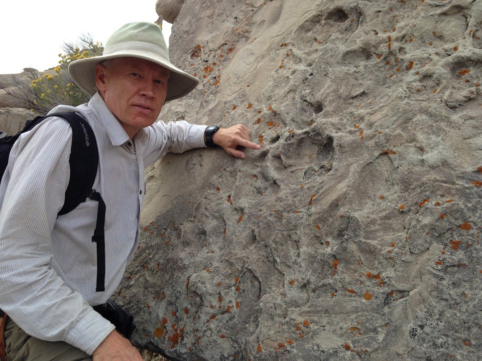 Ross Secord in Toadstool Park next to a sandstone block covered in rhino footprints.