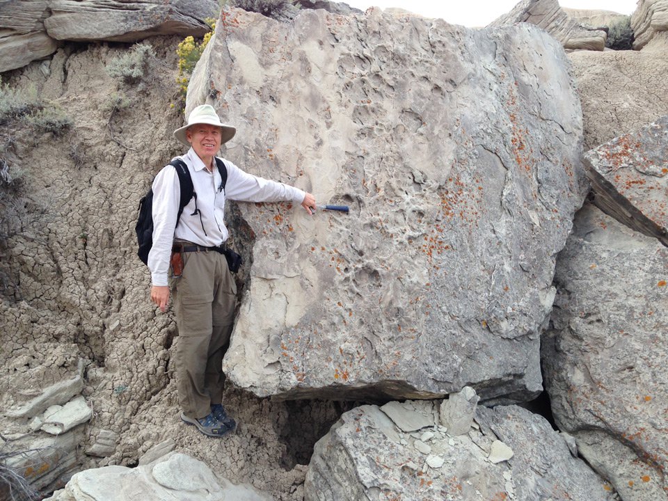 Ross Secord in Toadstool Park next to a sandstone block covered in rhino footprints.